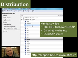 DistribuNon	
  


                         Mul)cast	
  video	
  
                         •  BBC	
  R&D	
  trial	
  over	
  LONAP	
  
                         •  On	
  wired	
  +	
  wireless	
  
                         •  Local	
  SAP	
  server	
  




                  hUp://support.bbc.co.uk/mul)cast/	
  
 