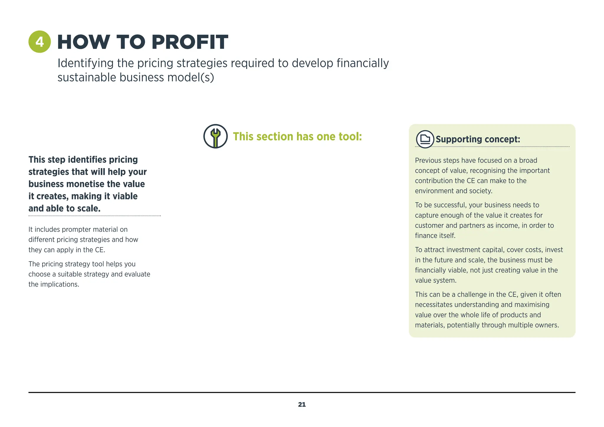 4 
HOW TO PROFIT

Identifying the pricing strategies required to develop financially
sustainable business model(s)
This step identifies pricing
strategies that will help your
business monetise the value
it creates, making it viable
and able to scale.
It includes prompter material on
different pricing strategies and how
they can apply in the CE.
The pricing strategy tool helps you
choose a suitable strategy and evaluate
the implications.
Supporting concept:
Previous steps have focused on a broad
concept of value, recognising the important
contribution the CE can make to the
environment and society.
To be successful, your business needs to
capture enough of the value it creates for
customer and partners as income, in order to
finance itself.
To attract investment capital, cover costs, invest
in the future and scale, the business must be
financially viable, not just creating value in the
value system.
This can be a challenge in the CE, given it often
necessitates understanding and maximising
value over the whole life of products and
materials, potentially through multiple owners.
This section has one tool:
21
MENU
NAVIGATION
A: PRICING STRATEGY TOOL
Objective
To understand the potential pricing strategies
that can be employed to help achieve your
CE goals.
 
