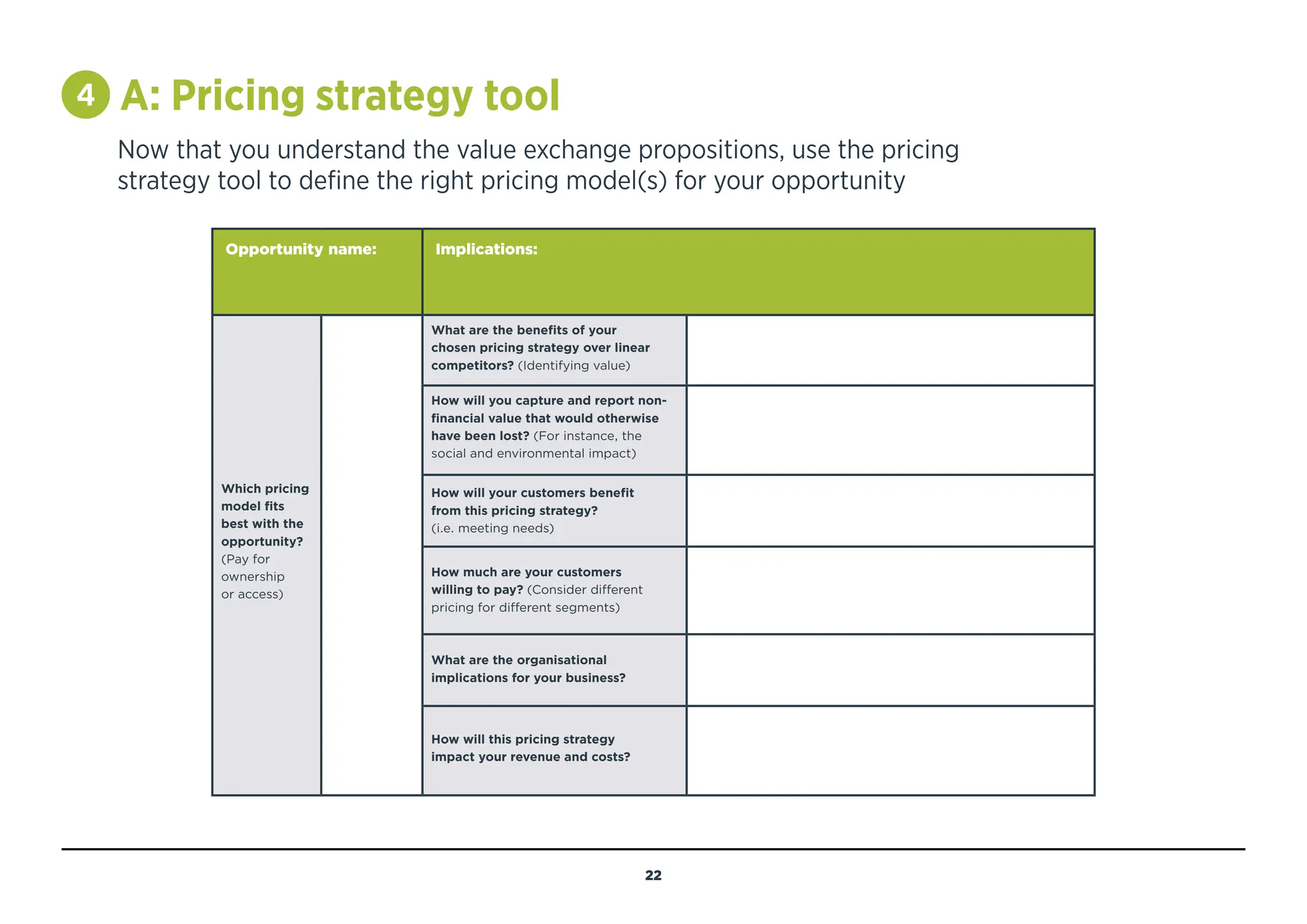 4 A: Pricing strategy tool
Now that you understand the value exchange propositions, use the pricing
strategy tool to define the right pricing model(s) for your opportunity
Opportunity name: Implications:
Which pricing
model fits
best with the
opportunity?
(Pay for
ownership
or access)
What are the benefits of your
chosen pricing strategy over linear
competitors? (Identifying value)
How will you capture and report non-
financial value that would otherwise
have been lost? (For instance, the
social and environmental impact)
How will your customers benefit
from this pricing strategy?
(i.e. meeting needs)
How much are your customers
willing to pay? (Consider different
pricing for different segments)
What are the organisational
implications for your business?
How will this pricing strategy
impact your revenue and costs?
22
MENU
NAVIGATION
SEE COMPLETED
EXAMPLE (P44)
OBJECTIVE
THINK ABOUT
INSTRUCTIONS
 