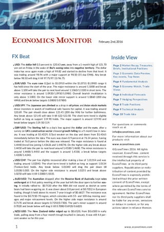 FX Beat Inside View
Page 2 Market Recap, Treasuries,
Briefs, Institutional Positions
Page 3 Economic Data Preview,
Key events, Top News
Page 4 Fundamental Analysis
Page 5 Economy Watch, Trade
Views
Page 6 Individual Forecasts
Page 7 Hedging Perspectives
Page 8 Trade Positions
Page 9 Technical Analysis
Page 10 Trade Idea
For questions or comments
reach us at
info@econotimes.com
For more information about our
products visit
www.econotimes.com
©EconoTimes 2016. All rights
reserved. EconoTimes content
received through this service is
the intellectual property of
EconoTimes or its third party
suppliers. Republication or redis-
tribution of content provided by
EconoTimes is expressly prohib-
ited without the prior written
consent of EconoTimes, except
where permitted by the terms of
the relevant EconoTimes service
agreement. Neither EconoTimes
nor its third party suppliers shall
be liable for any errors, omissions
or delays in content, or for any
actions taken in reliance thereon.
● USD: The dollar fell 0.3 percent to 120.63 yen, away from a 1-month high of 121.70
yen set on Friday in the wake of BoJ's easing rates into negative territory. The dollar
index has once again made a high of 99.82 and started to decline from that level. It
was trading around 98.96 with a major support at 98.50 (55 day EMA). Any break
below 98.50 will drag it till 97.75/97.15/96.75.
● EUR/USD: The euro rose 0.2pct to $1.0910 within the $1.0711-$1.0985 range it
has held since the start of the year. The major resistance is around 1.1000 and break
above 1.100 will take the pair to next level around 1.1060/1.1100 in short term. The
minor resistance is around 1.0920/1.0950/1.0980. Overall bearish invalidation is
only above 1.1000. On the lower side minor support is around 1.0860 (200 day
HMA) and break below targets 1.0800/1.07800.
● USD/JPY: The Japanese yen climbed as a drop in oil prices and Asian stock markets
drove investors in search of traditional safe havens for capital, it was trading around
120.69. The pair should close above 121.45 (200 day MA) for further bullishness.
Any break above 121.45 will take it till 122/122.50. The short term trend is slightly
bullish as long as support 119.90 holds. The major support is around 119.90 and
break below targets 119.50/119.
● GBP/USD: The Sterling fell to a day's low against the dollar and the euro, after a
survey on UK's construction sector showed growth falling to a 9-month low in Janu-
ary. It was trading at $1.4329, 0.7pct weaker on the day and down from $1.4365
immediately before the data. The euro was down 0.9 percent at 76.14 pence, having
traded at 76.0 pence before the data was released. The major resistance is found at
1.4440 (trend line joining 1.43626 and 1.44074). On the higher side any break above
1.4450 will take the pair to next level around 1.4500/1.4600. The minor resistance is
around 1.4400/1.4450 and the support is around 1.4330, a break below targets
1.4300/1.4240.
● USD/CHF: The pair has slightly recovered after making a low of 1.01554 and was
trading around 1.02043. The short term trend is bullish as long as support 1.0134
(Tenken-Sen) holds. Any break below 1.01340 will drag the pair down till
1.0100/1.005. On the higher side resistance is around 1.0255 and break above
1.0250 will take it till 1.0300/1.0335.
● AUD/USD: The Australian dropped after the Reserve Bank of Australia kept rates
unchanged at it first policy meeting of the year but left the door open to further eas-
ing. It initially rallied to $0.7130 after the RBA did not sound as dovish as some
bears had been wagering on. It was down about 0.8 percent at $0.7052 in European
trading, though it held above its recent 7-year trough of $0.6827. The resistance was
found in the $0.7150-70 region, which coincides with 55- and 100-day moving aver-
ages and major retracement levels. On the higher side major resistance is around
0.7170 and break above targets 0.7250/0.7300. The pair’s minor support is around
0.7020 and break below will drag it till 0.7000/0.6920/0.6820.
● NZD/USD: The New Zealand dollar edged up to $0.6520, from $0.6500 in early
trade, pulling away from a four-month trough touched in January. It was still 4.4 per-
cent weaker so far this year.
1
February 2nd, 2016
www.econotimes.com
 