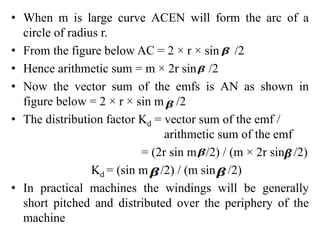 • When m is large curve ACEN will form the arc of a
circle of radius r.
• From the figure below AC = 2 × r × sin /2
• Hence arithmetic sum = m × 2r sin /2
• Now the vector sum of the emfs is AN as shown in
figure below = 2 × r × sin m /2
• The distribution factor Kd = vector sum of the emf /
arithmetic sum of the emf
= (2r sin m /2) / (m × 2r sin /2)
Kd = (sin m /2) / (m sin /2)
• In practical machines the windings will be generally
short pitched and distributed over the periphery of the
machine
 