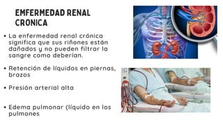 EMFERMEDAD RENAL
CRONICA
La enfermedad renal crónica
significa que sus riñones están
dañados y no pueden filtrar la
sangre como deberían.
Retención de líquidos en piernas,
brazos
Presión arterial alta
Edema pulmonar (líquido en los
pulmones
 