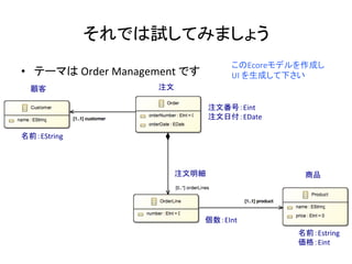 それでは試してみましょう	
•  テーマは	
  Order	
  Management	
  です	
  
このEcoreモデルを作成し	
  
UI	
  を生成して下さい	
顧客	
 注文	
注文明細	
 商品	
名前：EString	
注文番号：Eint	
  
注文日付：EDate	
個数：EInt	
名前：Estring	
  
価格：Eint	
 