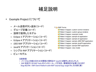 補足説明	
•  Example	
  Project	
  について	
  
–  メール送信ボタン追加（コード）	
  
–  グループ定義（コード）	
  
–  説明で使用したモデル	
  
–  Eclipse	
  3	
  アプリケーション（コード）	
  
–  Eclipse	
  4	
  アプリケーション（コード）	
  
–  J2EE	
  RAP	
  アプリケーション（コード）	
  
–  JavaFX	
  アプリケーション（コード）	
  
–  シンプル	
  RAP	
  アプリケーション（コード）	
  
–  ビューモデル	
  
注意事項	
  
・　バージョンの組み合わせの関係か現時点で JavaFX	
  は動作しませんでした	
  
・　RAP	
  を試すには	
  RAP	
  Tools	
  のインストール、バグ対応、環境設定が必要になります	
  
　（Bug	
  462794	
  -­‐	
  EMF	
  Client	
  PlaSorm	
  with	
  RAP	
  Tutorial	
  bug:	
  target	
  ﬁle	
  入れ替え要）	
 