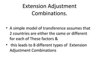 Extension Adjustment Combinations. A simple model of transference assumes that 2 countries are either the same or different for each of These factors & this leads to 8 different types of  Extension Adjustment Combinations 
