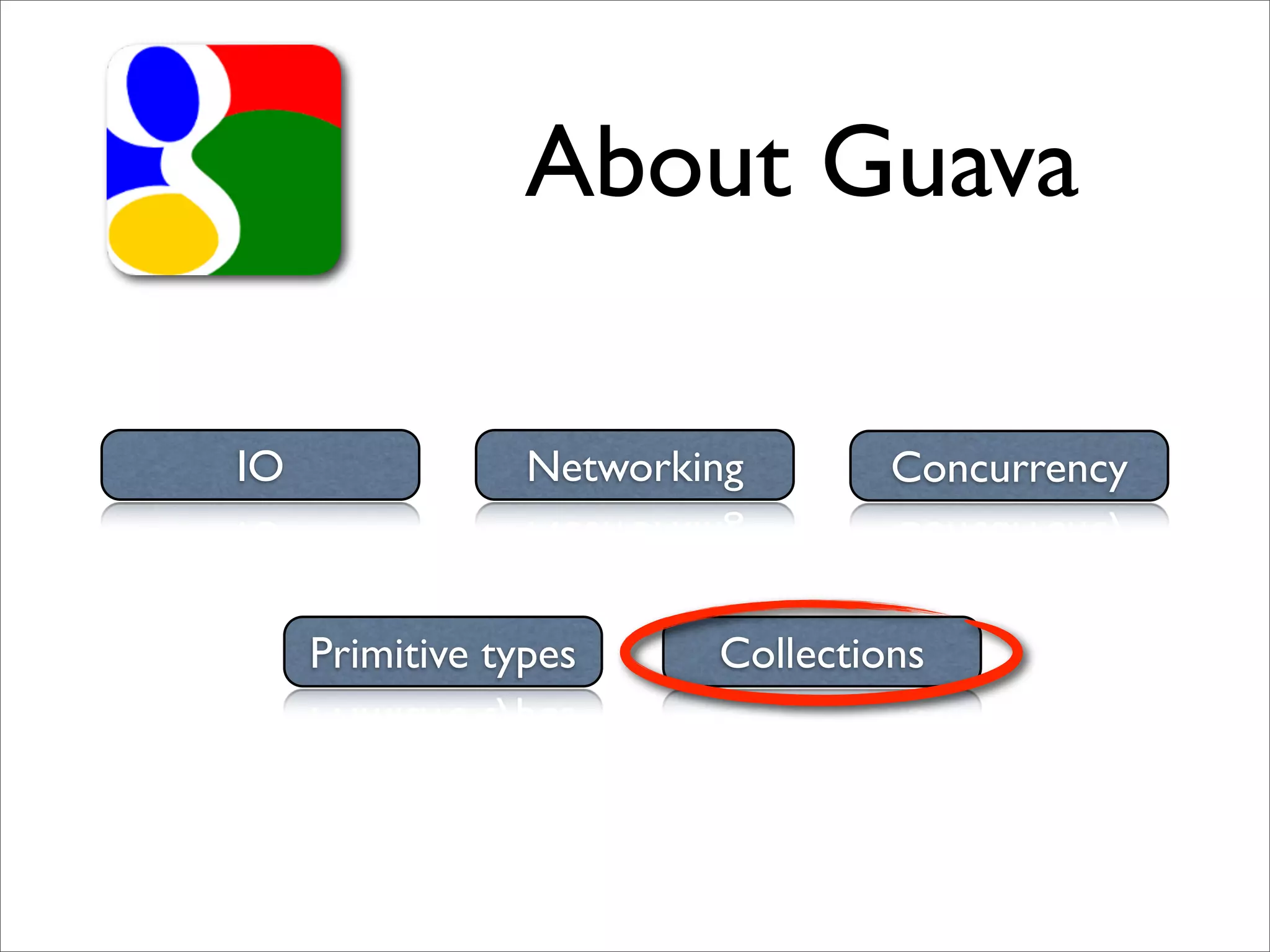 About Guava

IO               Networking       Concurrency



     Primitive types     Collections
 