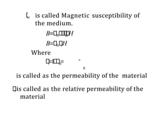 m is called Magnetic susceptibility of
the medium.
B= 0 1 mH
B= 0 rH
Where
r
=
1 m
=
0
is called as the permeability of the material
ris called as the relative permeability of the
material
 