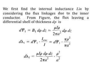 We first find the internal inductance Lin by
due to
considering the flux linkages
conductor. From Figure, the flux
the inner
leaving a
differential shell of thickness dp is
 