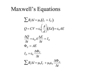 Maxwell’s Equations

B||l  0 IC  ID
Q  CV  0
 A
 d 
Ed 0AE
Q
t
0
t
  A
E
 ID
E
  AE
ID  0
E
t
 00
E
t
B||l  0IC
 