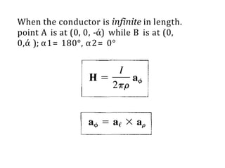 When the conductor is infinite in length.
point A is at (0, 0, -ά) while B is at (0,
0,ά ); α1= 180°, α2= 0°
 
