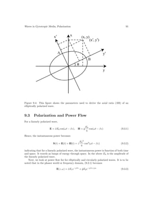 Waves in Gyrotropic Media, Polarization 91
Figure 9.4: This figure shows the parameters used to derive the axial ratio (AR) of an
elliptically polarized wave.
9.3 Polarization and Power Flow
For a linearly polarized wave,
E = x̂E0 cos(ωt − βz), H = ŷ
E0
η
cos(ωt − βz) (9.3.1)
Hence, the instantaneous power becomes
S(t) = E(t) × H(t) = ẑ
E0
2
η
cos2
(ωt − βz) (9.3.2)
indicating that for a linearly polarized wave, the instantaneous power is function of both time
and space. It travels as lumps of energy through space. In the above E0 is the amplitude of
the linearly polarized wave.
Next, we look at power flow for for elliptically and circularly polarized waves. It is to be
noted that in the phasor world or frequency domain, (9.2.1) becomes
E(z, ω) = x̂E1e−jβz
+ ŷE2e−jβz+jα
(9.3.3)
 