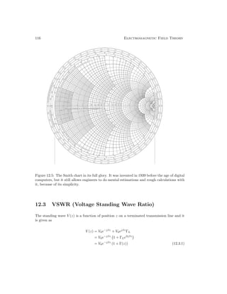 116 Electromagnetic Field Theory
Figure 12.5: The Smith chart in its full glory. It was invented in 1939 before the age of digital
computers, but it still allows engineers to do mental estimations and rough calculations with
it, because of its simplicity.
12.3 VSWR (Voltage Standing Wave Ratio)
The standing wave V (z) is a function of position z on a terminated transmission line and it
is given as
V (z) = V0e−jβz
+ V0ejβz
ΓL
= V0e−jβz

1 + ΓLe2jβz

= V0e−jβz
(1 + Γ(z)) (12.3.1)
 