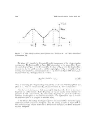 118 Electromagnetic Field Theory
Figure 12.7: The voltage standing wave pattern as a function of z on a load-terminated
transmission line.
The phase of ΓL can also be determined from the measurement of the voltage standing
wave pattern. The location of ΓL in Figure 12.6 is determined by the phase of ΓL. Hence,
the value of d1 in Figure 12.6 is determined by the phase of ΓL as well. The length of the
transmission line waveguide needed to null the original phase of ΓL to bring the voltage
standing wave pattern to a maximum value at z = −d1 is shown in Figure 12.7. Hence, d1 is
the value where the following equation is satisfied:
|ΓL|ejφL
e−4πj(d1/λ)
= |ΓL| (12.3.7)
Thus, by measuring the voltage standing wave pattern, one deduces both the amplitude and
phase of ΓL. From the complex value ΓL, one can determine ZL, the load impedance.
From the above, one surmises that measuring the impedance of a device at microwave
frequency is a tricky business. At low frequency, one can use an ohm meter with two wire
probes to do such a measurement. But at microwave frequency, two pieces of wire become
inductors, and two pieces of metal become capacitors. More sophisticated ways to measure
the impedance need to be designed as described above.
In the old days, the voltage standing wave pattern was measured by a slotted-line equip-
ment which consists of a coaxial waveguide with a slot opening as shown in Figure 12.8. A
field probe can be put into the slotted line to determine the strength of the electric field inside
the coax waveguide.
 