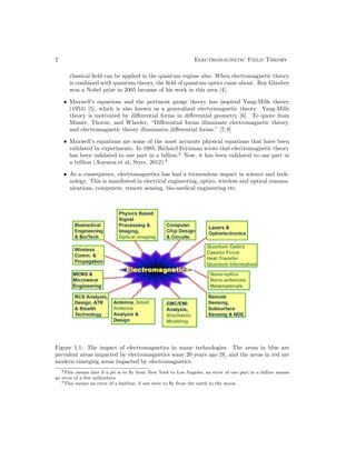2 Electromagnetic Field Theory
classical field can be applied in the quantum regime also. When electromagnetic theory
is combined with quantum theory, the field of quantum optics came about. Roy Glauber
won a Nobel prize in 2005 because of his work in this area [4].
• Maxwell’s equations and the pertinent gauge theory has inspired Yang-Mills theory
(1954) [5], which is also known as a generalized electromagnetic theory. Yang-Mills
theory is motivated by differential forms in differential geometry [6]. To quote from
Misner, Thorne, and Wheeler, “Differential forms illuminate electromagnetic theory,
and electromagnetic theory illuminates differential forms.” [7,8]
• Maxwell’s equations are some of the most accurate physical equations that have been
validated by experiments. In 1985, Richard Feynman wrote that electromagnetic theory
has been validated to one part in a billion.2
Now, it has been validated to one part in
a trillion (Aoyama et al, Styer, 2012).3
• As a consequence, electromagnetics has had a tremendous impact in science and tech-
nology. This is manifested in electrical engineering, optics, wireless and optical commu-
nications, computers, remote sensing, bio-medical engineering etc.
Figure 1.1: The impact of electromagnetics in many technologies. The areas in blue are
prevalent areas impacted by electromagnetics some 20 years ago [9], and the areas in red are
modern emerging areas impacted by electromagnetics.
2This means that if a jet is to fly from New York to Los Angeles, an error of one part in a billion means
an error of a few millmeters.
3This means an error of a hairline, if one were to fly from the earth to the moon.
 