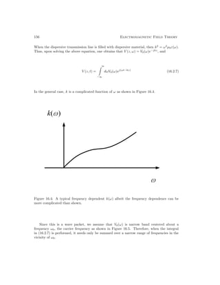 156 Electromagnetic Field Theory
When the dispersive transmission line is filled with dispersive material, then k2
= ω2
µ0ε(ω).
Thus, upon solving the above equation, one obtains that V (z, ω) = V0(ω)e−jkz
, and
V (z, t) =
∞

−∞
dωV0(ω)ej(ωt−kz)
(16.2.7)
In the general case, k is a complicated function of ω as shown in Figure 16.4.
Figure 16.4: A typical frequency dependent k(ω) albeit the frequency dependence can be
more complicated than shown.
Since this is a wave packet, we assume that V0(ω) is narrow band centered about a
frequency ω0, the carrier frequency as shown in Figure 16.5. Therefore, when the integral
in (16.2.7) is performed, it needs only be summed over a narrow range of frequencies in the
vicinity of ω0.
 