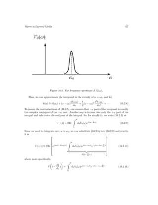 Waves in Layered Media 157
Figure 16.5: The frequency spectrum of V0(ω).
Thus, we can approximate the integrand in the vicinity of ω = ω0, and let
k(ω) ∼
= k(ω0) + (ω − ω0)
dk(ω0)
dω
+
1
2
(ω − ω0)2 d2
k(ω0)
dω2
+ · · · (16.2.8)
To ensure the real-valuedness of (16.2.5), one ensures that −ω part of the integrand is exactly
the complex conjugate of the +ω part. Another way is to sum over only the +ω part of the
integral and take twice the real part of the integral. So, for simplicity, we write (16.2.5) as
V (z, t) = 2e
∞

0
dωV0(ω)ej(ωt−kz)
(16.2.9)
Since we need to integrate over ω ≈ ω0, we can substitute (16.2.8) into (16.2.9) and rewrite
it as
V (z, t) ∼
= 2e








ej[ω0t−k(ω0)z]
∞

0
dωV0(ω)ej(ω−ω0)t
e−j(ω−ω0) dk
dω z
| {z }
F (t− dk
dω z)








(16.2.10)
where more specifically,
F

t −
dk
dω
z

=
∞

0
dωV0(ω)ej(ω−ω0)t
e−j(ω−ω0) dk
dω z
(16.2.11)
 