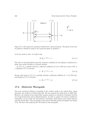 162 Electromagnetic Field Theory
Figure 17.1: The transverse resonance condition for a layered medium. The phase of the wave
at position 5 should be equal to the transverse phase at position 1.
or for the mode to exist, we require that
R̃−R̃+e−2jβ0xt
= 1 (17.1.1)
The above is the generalized transverse resonance condition for the guidance condition for a
plane wave mode traveling in a layered medium.
In (17.1.1), a metallic wall has a reflection coefficient of 1 for a TM wave, hence if R̃+ is
1, Equation (17.1.1) becomes
1 − R̃−e2−jβ0xt
= 0. (17.1.2)
On the other hand, in (17.1.1), a metallic wall has a reflection coefficient of −1, for TE wave,
and Equation (17.1.1) becomes
1 + R̃−e2−jβ0xt
= 0. (17.1.3)
17.2 Dielectric Waveguide
The most important dielectric waveguide of the modern world is the optical fiber, whose
invention was credited to Charles Kao [90]. He was awarded the Nobel prize in 2009 [101].
However, the analysis of the optical fiber requires analysis in cylindrical coordinates and the
use of special functions such as Bessel functions. In order to capture the essence of dielectric
waveguides, one can study the slab dielectric waveguide, which shares many salient features
with the optical fiber. This waveguide is also used as thin-film optical waveguides (see Figure
17.2). We start with analyzing the TE modes in this waveguide.
 