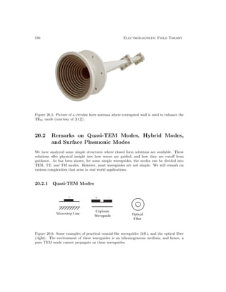 194 Electromagnetic Field Theory
Figure 20.5: Picture of a circular horn antenna where corrugated wall is used to enhance the
TE01 mode (courtesy of [112]).
20.2 Remarks on Quasi-TEM Modes, Hybrid Modes,
and Surface Plasmonic Modes
We have analyzed some simple structures where closed form solutions are available. These
solutions offer physical insight into how waves are guided, and how they are cutoff from
guidance. As has been shown, for some simple waveguides, the modes can be divided into
TEM, TE, and TM modes. However, most waveguides are not simple. We will remark on
various complexities that arise in real world applications.
20.2.1 Quasi-TEM Modes
Figure 20.6: Some examples of practical coaxial-like waveguides (left), and the optical fiber
(right). The environment of these waveguides is an inhomogeneous medium, and hence, a
pure TEM mode cannot propagate on these waveguides.
 