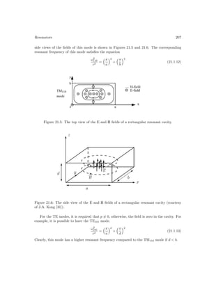 Resonators 207
side views of the fields of this mode is shown in Figures 21.5 and 21.6. The corresponding
resonant frequency of this mode satisfies the equation
ω2
110
c2
=
π
a
2
+
π
b
2
(21.1.12)
Figure 21.5: The top view of the E and H fields of a rectangular resonant cavity.
Figure 21.6: The side view of the E and H fields of a rectangular resonant cavity (courtesy
of J.A. Kong [31]).
For the TE modes, it is required that p = 0, otherwise, the field is zero in the cavity. For
example, it is possible to have the TE101 mode.
ω2
101
c2
=
π
a
2
+
π
d
2
(21.1.13)
Clearly, this mode has a higher resonant frequency compared to the TM110 mode if d  b.
 
