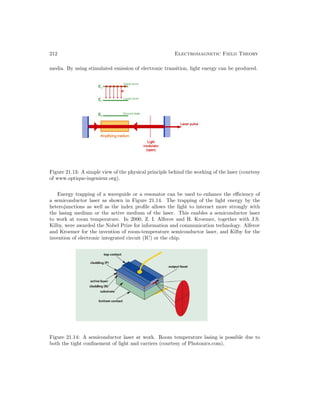 212 Electromagnetic Field Theory
media. By using stimulated emission of electronic transition, light energy can be produced.
Figure 21.13: A simple view of the physical principle behind the working of the laser (courtesy
of www.optique-ingenieur.org).
Energy trapping of a waveguide or a resonator can be used to enhance the efficiency of
a semiconductor laser as shown in Figure 21.14. The trapping of the light energy by the
heterojunctions as well as the index profile allows the light to interact more strongly with
the lasing medium or the active medium of the laser. This enables a semiconductor laser
to work at room temperature. In 2000, Z. I. Alferov and H. Kroemer, together with J.S.
Kilby, were awarded the Nobel Prize for information and communication technology. Alferov
and Kroemer for the invention of room-temperature semiconductor laser, and Kilby for the
invention of electronic integrated circuit (IC) or the chip.
Figure 21.14: A semiconductor laser at work. Room temperature lasing is possible due to
both the tight confinement of light and carriers (courtesy of Photonics.com).
 