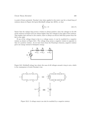 Circuit Theory Revisited 239
to point of lower potential. Faraday’s law when applied to the static case for a closed loop of
resistors shown in Figure 24.2 gives Kirchhoff voltage law (KVL), or that
N

i
Vj = 0 (24.1.7)
Notice that the voltage drop across a resistor is always positive, since the voltages to the left
of the resistors in Figure 24.2 are always higher than the voltages to the right of the resistors.
This implies that internal to the resistor, there is always an electric field that points from the
left to the right.
If one of the voltage drops is due to a voltage source, it can be modeled by a negative
resistor as shown in Figure 24.3. The voltage drop across a negative resistor is opposite to
that of a positive resistor. As we have learn from the Poynting’s theorem, negative resistor
gives out energy instead of dissipates energy.
Figure 24.2: Kichhoff voltage law where the sum of all voltages around a loop is zero, which
is the consequence of static Faraday’s law.
Figure 24.3: A voltage source can also be modeled by a negative resistor.
 