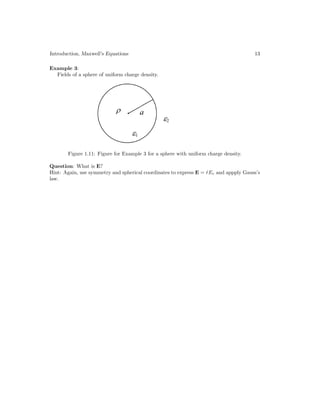 Introduction, Maxwell’s Equations 13
Example 3:
Fields of a sphere of uniform charge density.
Figure 1.11: Figure for Example 3 for a sphere with uniform charge density.
Question: What is E?
Hint: Again, use symmetry and spherical coordinates to express E = r̂Er and appply Gauss’s
law.
 