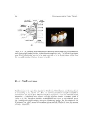 286 Electromagnetic Field Theory
Figure 28.9: The top figure shows a lens antenna where the lens is made of artificial dielectrics
made from metallic strips (courtesy of electriciantutoring.tpub.com). The bottom figure shows
some dielectric lens at the aperture of an open waveguide to focus the microwave exiting from
the waveguide opening (courtesy of micro-radar.de).
28.1.4 Small Antennas
Small antennas are in vogue these days due to the advent of the cell phone, and the importance
of economizing on the antenna size. Also, the antennas should have enough bandwidth to
accommodate the signals from different cell phone companies, which use different carrier
frequencies. An interesting small antenna is the PIFA (planar inverted F antenna) shown in
Figure 28.10 [145]. Because it is shorted at one end and open circuit at the other end, it acts
like a quarter wavelength resonator, making it substantially smaller. But the resonator is low
Q because of the “slots” around it from whom energy can leak. The low Q gives this antenna
a broader bandwidth.
 