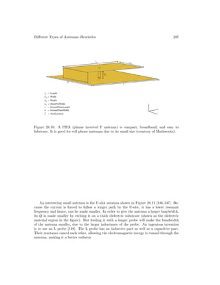 Different Types of Antennas–Heuristics 287
Figure 28.10: A PIFA (planar inverted F antenna) is compact, broadband, and easy to
fabricate. It is good for cell phone antennas due to its small size (courtesy of Mathworks).
An interesting small antenna is the U-slot antenna shown in Figure 28.11 [146,147]. Be-
cause the current is forced to follow a longer path by the U-slot, it has a lower resonant
frequency and hence, can be made smaller. In order to give the antenna a larger bandwidth,
its Q is made smaller by etching it on a thick dielectric substrate (shown as the dielectric
material region in the figure). But feeding it with a longer probe will make the bandwidth
of the antenna smaller, due to the larger inductance of the probe. An ingenious invention
is to use an L probe [148]. The L probe has an inductive part as well as a capacitive part.
Their reactance cancel each other, allowing the electromagnetic energy to tunnel through the
antenna, making it a better radiator.
 
