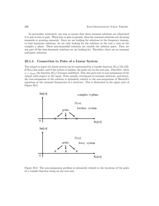 296 Electromagnetic Field Theory
As previoulsy mentioned, one way to ensure that these resonant solutions are eliminated
is to put in loss or gain. When loss or gain is present, then the resonant solutions are decaying
sinusoids or growing sinusoids. Since we are looking for solutions in the frequency domain,
or time harmonic solutions, we are only looking for the solution on the real ω axis on the
complex ω plane. These non-sinusoidal solutions are outside the solution space: They are
not part of the time-harmonic solutions we are looking for. Therefore, there are no resonant
null-space solutions.
29.1.4 Connection to Poles of a Linear System
The output to input of a linear system can be represented by a transfer function H(ω) [45,152].
If H(ω) has poles, and if the system is lossless, the poles are on the real axis. Therefore, when
ω = ωpole, the function H(ω) becomes undefined. This also gives rise to non-uniqueness of the
output with respect to the input. Poles usually correspond to resonant solutions, and hence,
the non-uniqueness of the solution is intimately related to the non-uniqueness of Maxwell’s
equations at the resonant frequencies of a structure. This is illustrated in the upper part of
Figure 29.2.
Figure 29.2: The non-uniqueness problem is intimately related to the locations of the poles
of a transfer function being on the real axis.
 