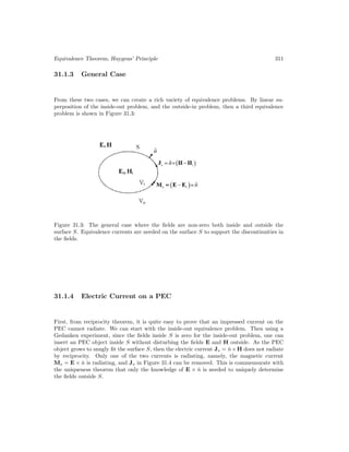 Equivalence Theorem, Huygens’ Principle 311
31.1.3 General Case
From these two cases, we can create a rich variety of equivalence problems. By linear su-
perposition of the inside-out problem, and the outside-in problem, then a third equivalence
problem is shown in Figure 31.3:
Figure 31.3: The general case where the fields are non-zero both inside and outside the
surface S. Equivalence currents are needed on the surface S to support the discontinuities in
the fields.
31.1.4 Electric Current on a PEC
First, from reciprocity theorem, it is quite easy to prove that an impressed current on the
PEC cannot radiate. We can start with the inside-out equivalence problem. Then using a
Gedanken experiment, since the fields inside S is zero for the inside-out problem, one can
insert an PEC object inside S without disturbing the fields E and H outside. As the PEC
object grows to snugly fit the surface S, then the electric current Js = n̂×H does not radiate
by reciprocity. Only one of the two currents is radiating, namely, the magnetic current
Ms = E × n̂ is radiating, and Js in Figure 31.4 can be removed. This is commensurate with
the uniqueness theorem that only the knowledge of E × n̂ is needed to uniquely determine
the fields outside S.
 