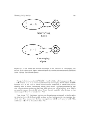 Shielding, Image Theory 321
Figure 32.2: If the source that induces the charges on the conductor is time varying, the
current in the conductor is always nonzero so that the charges can move around to respond
to the external time-varying charges.
For a perfect electric conductor (PEC), E = 0 inside with the following argument: Because
J = σE where σ → ∞, let us assume an infinitesimally time-varying electric field in the PEC
to begin with. It will yield an infinite electric current, and hence an infinite time-varying
magnetic field. A infinite time-varying magnetic field in turn yields an infinite electric field
that will drive an electric current, and these fields and current will be infinitely large. This is
an unstable sequence of events if it is true. Hence, the only possibility is for the time-varying
electromagnetic fields to be zero inside a PEC.
Thus, for the PEC, the charges can re-orient themselves instantaneously on surface when
the inducing electric fields from outside are time varying. In other words, the relaxation time
ε/σ is zero. As a consequence, the time-varying electric field E is always zero inside PEC,
and hence n̂ × E = 0 on the surface of the PEC.
 