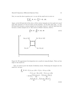 Maxwell’s Equations, Differential Operator Form 21
Next, we sum the above equation over i or over all the small rects to arrive at

i ∆Ci
Ei · dli =

i
∇ × Ei · ∆Si (2.2.4)
Again, on the left-hand side of the above, all the contour integrals over the small rects cancel
each other internal to S save for those on the boundary. In the limit when ∆Si → 0, the
left-hand side becomes a contour integral over the larger contour C, and the right-hand side
becomes a surface integral over S. One arrives at Stokes’s theorem, which is
C
E · dl =
S
(∇ × E) · dS (2.2.5)
Figure 2.6: We approximate the integration over a small rect using this figure. There are four
edges to this small rect.
Next, we need to prove the details of definition (2.2.2). Performing the integral over the
small rect, one gets
∆C
E · dl = Ex(x0, y0, z0)∆x + Ey(x0 + ∆x, y0, z0)∆y
− Ex(x0, y0 + ∆y, z0)∆x − Ey(x0, y0, z0)∆y
= ∆x∆y

Ex(x0, y0, z0)
∆y
−
Ex(x0, y0 + ∆y, z0)
∆y
−
Ey(x0, y0, z0)
∆x
+
Ey(x0, y0 + ∆y, z0)
∆x

(2.2.6)
 