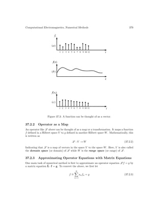 Computational Electromagnetics, Numerical Methods 379
Figure 37.3: A function can be thought of as a vector.
37.2.2 Operator as a Map
An operator like L above can be thought of as a map or a transformation. It maps a function
f defined in a Hilbert space V to g defined in another Hilbert space W. Mathematically, this
is written as
L : V → W (37.2.2)
Indicating that L is a map of vectors in the space V to the space W. Here, V is also called
the domain space (or domain) of L while W is the range space (or range) of L .
37.2.3 Approximating Operator Equations with Matrix Equations
One main task of numerical method is first to approximate an operator equation L f = g by
a matrix equation L · f = g. To convert the above, we first let
f ∼
=
N
X
n=1
anfn = g (37.2.3)
 