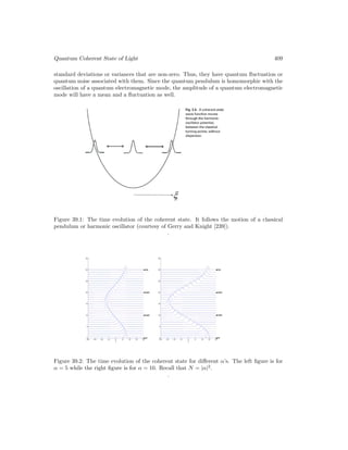 Quantum Coherent State of Light 409
standard deviations or variances that are non-zero. Thus, they have quantum fluctuation or
quantum noise associated with them. Since the quantum pendulum is homomorphic with the
oscillation of a quantum electromagnetic mode, the amplitude of a quantum electromagnetic
mode will have a mean and a fluctuation as well.
Figure 39.1: The time evolution of the coherent state. It follows the motion of a classical
pendulum or harmonic oscillator (courtesy of Gerry and Knight [239]).
.
Figure 39.2: The time evolution of the coherent state for different α’s. The left figure is for
α = 5 while the right figure is for α = 10. Recall that N = |α|2
.
.
 