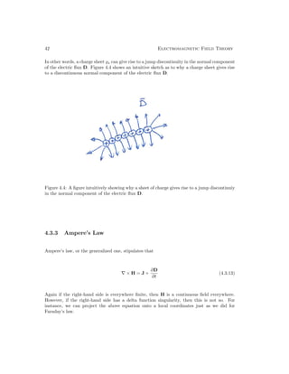 42 Electromagnetic Field Theory
In other words, a charge sheet s can give rise to a jump discontinuity in the normal component
of the electric flux D. Figure 4.4 shows an intuitive sketch as to why a charge sheet gives rise
to a discontinuous normal component of the electric flux D.
Figure 4.4: A figure intuitively showing why a sheet of charge gives rise to a jump discontinuiy
in the normal component of the electric flux D.
4.3.3 Ampere’s Law
Ampere’s law, or the generalized one, stipulates that
∇ × H = J +
∂D
∂t
(4.3.13)
Again if the right-hand side is everywhere finite, then H is a continuous field everywhere.
However, if the right-hand side has a delta function singularity, then this is not so. For
instance, we can project the above equation onto a local coordinates just as we did for
Faraday’s law.
 