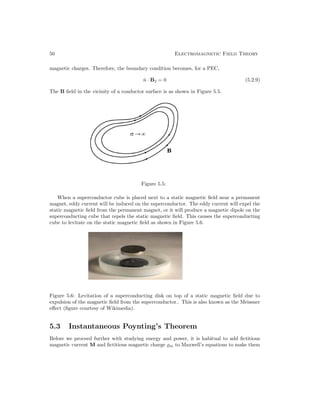 50 Electromagnetic Field Theory
magnetic charges. Therefore, the boundary condition becomes, for a PEC,
n̂ · B2 = 0 (5.2.9)
The B field in the vicinity of a conductor surface is as shown in Figure 5.5.
Figure 5.5:
When a superconductor cube is placed next to a static magnetic field near a permanent
magnet, eddy current will be induced on the superconductor. The eddy current will expel the
static magnetic field from the permanent magnet, or it will produce a magnetic dipole on the
superconducting cube that repels the static magnetic field. This causes the superconducting
cube to levitate on the static magnetic field as shown in Figure 5.6.
Figure 5.6: Levitation of a superconducting disk on top of a static magnetic field due to
expulsion of the magnetic field from the superconductor.. This is also known as the Meissner
effect (figure courtesy of Wikimedia).
5.3 Instantaneous Poynting’s Theorem
Before we proceed further with studying energy and power, it is habitual to add fictitious
magnetic current M and fictitious magnetic charge m to Maxwell’s equations to make them
 