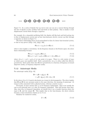 64 Electromagnetic Field Theory
Figure 7.1: As a series of dipoles line up end to end, one can see a current flowing through
the line of dipoles as they oscillate back and forth in their polarity. This is similar to how
displacement current flows through a capacitor.
For example, for a sinusoidal oscillating field, the dipoles will flip back and forth giving rise
to flow of displacement current just as how time-harmonic electric current can flow through
a capacitor as shown in Figure 7.1.
The linear relationship above can be generalized to that of a linear time-invariant system,
or that at any given r [34][p. 212], [42][p. 330].
P(r, t) = ε0χe(r, t)  E(r, t) (7.1.4)
where  here implies a convolution. In the frequency domain or the Fourier space, the above
linear relationship becomes
P(r, ω) = ε0χ0(r, ω)E(r, ω), (7.1.5)
D(r, ω) = ε0(1 + χ0(r, ω))E(r, ω) = ε(r, ω)E(r, ω) (7.1.6)
where ε(r, ω) = ε0(1 + χ0(r, ω)) at any point r in space. There is a rich variety of ways
at which χ0(ω) can manifest itself. Such a permittivity ε(r, ω) is often called the effective
permittivity. Such media where the effective permittivity is a function of frequency is termed
dispersive media, or frequency dispersive media.
7.1.2 Anisotropic Media
For anisotropic media [31][p. 83]
D = ε0E + ε0χ0(ω) · E
= ε0(I + χ0(ω)) · E = ε(ω) · E (7.1.7)
In the above, ε is a 3×3 matrix also known as a tensor in electromagnetics. The above implies
that D and E do not necessary point in the same direction, the meaning of anisotropy. (A
tensor is often associated with a physical notion, whereas a matrix is not.)
Previously, we have assume that χ0 to be frequency independent. This is not usually the
case as all materials have χ0’s that are frequency dependent. This will become clear later.
Also, since ε(ω) is frequency dependent, we should view it as a transfer function where the
input is E, and the output D. This implies that in the time-domain, the above relation
becomes a time-convolution relation as in (7.1.4).
Similarly for conductive media,
J = σE, (7.1.8)
 