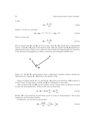 70 Electromagnetic Field Theory
or that
H =
k × E
ωµ
(7.3.9)
Similar to (7.3.3), we can define
H = H0e−jkxx−jkyy−jkzz
= H0e−jk·r
(7.3.10)
Then it is clear that
H0 =
k × E0
ωµ
(7.3.11)
We can assume that E0 and H0 are real vectors. Then E0, H0 and k form a right-handed
system, or that E0 ×H0 point in the direction of k. (This also implies that E, H and k form a
right-handed system.) Such a wave, where the electric field and magnetic field are transverse
to the direction of propagation, is called a transverse electromagnetic (TEM) wave.
Figure 7.3: The E, H, and k together form a right-hand coordinate system, obeying the
right-hand rule. Namely, E × H points in the direction of k.
Figure 7.3 shows that k · E = 0, and that k × E points in the direction of H as shown in
(7.3.9). Figure 7.3 also shows, as k, E, and H are orthogonal to each other.
Since in general, E0 and H0 can be complex vectors, because they are phasors, we need
to show the more general case. From (7.3.9), one can show that
E × H∗
= E · E∗ k
ωµ
= |E|2 k
ωµ
(7.3.12)
But E × H∗
is the direction of power flow, and it is in fact in the k direction. This is also
required by the Poynting’s theorem.
Furthermore, we can show in general that
|H| =
|k||E|
ωµ
=

ε
µ
|E| =
1
η
|E| (7.3.13)
 