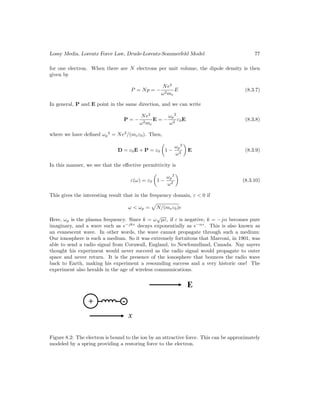 Lossy Media, Lorentz Force Law, Drude-Lorentz-Sommerfeld Model 77
for one electron. When there are N electrons per unit volume, the dipole density is then
given by
P = Np = −
Ne2
ω2me
E (8.3.7)
In general, P and E point in the same direction, and we can write
P = −
Ne2
ω2me
E = −
ωp
2
ω2
ε0E (8.3.8)
where we have defined ωp
2
= Ne2
/(meε0). Then,
D = ε0E + P = ε0

1 −
ωp
2
ω2

E (8.3.9)
In this manner, we see that the effective permittivity is
ε(ω) = ε0

1 −
ωp
2
ω2

(8.3.10)
This gives the interesting result that in the frequency domain, ε  0 if
ω  ωp =

N/(meε0)e
Here, ωp is the plasma frequency. Since k = ω
√
µε, if ε is negative, k = −jα becomes pure
imaginary, and a wave such as e−jkz
decays exponentially as e−αz
. This is also known as
an evanescent wave. In other words, the wave cannot propagate through such a medium:
Our ionosphere is such a medium. So it was extremely fortuitous that Marconi, in 1901, was
able to send a radio signal from Cornwall, England, to Newfoundland, Canada. Nay sayers
thought his experiment would never succeed as the radio signal would propagate to outer
space and never return. It is the presence of the ionosphere that bounces the radio wave
back to Earth, making his experiment a resounding success and a very historic one! The
experiment also heralds in the age of wireless communications.
Figure 8.2: The electron is bound to the ion by an attractive force. This can be approximately
modeled by a spring providing a restoring force to the electron.
 