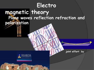 Electro
magnetic theory

Plane waves reflection refraction and
polarization

joint effort by
Dinesh raj
Rohit

 