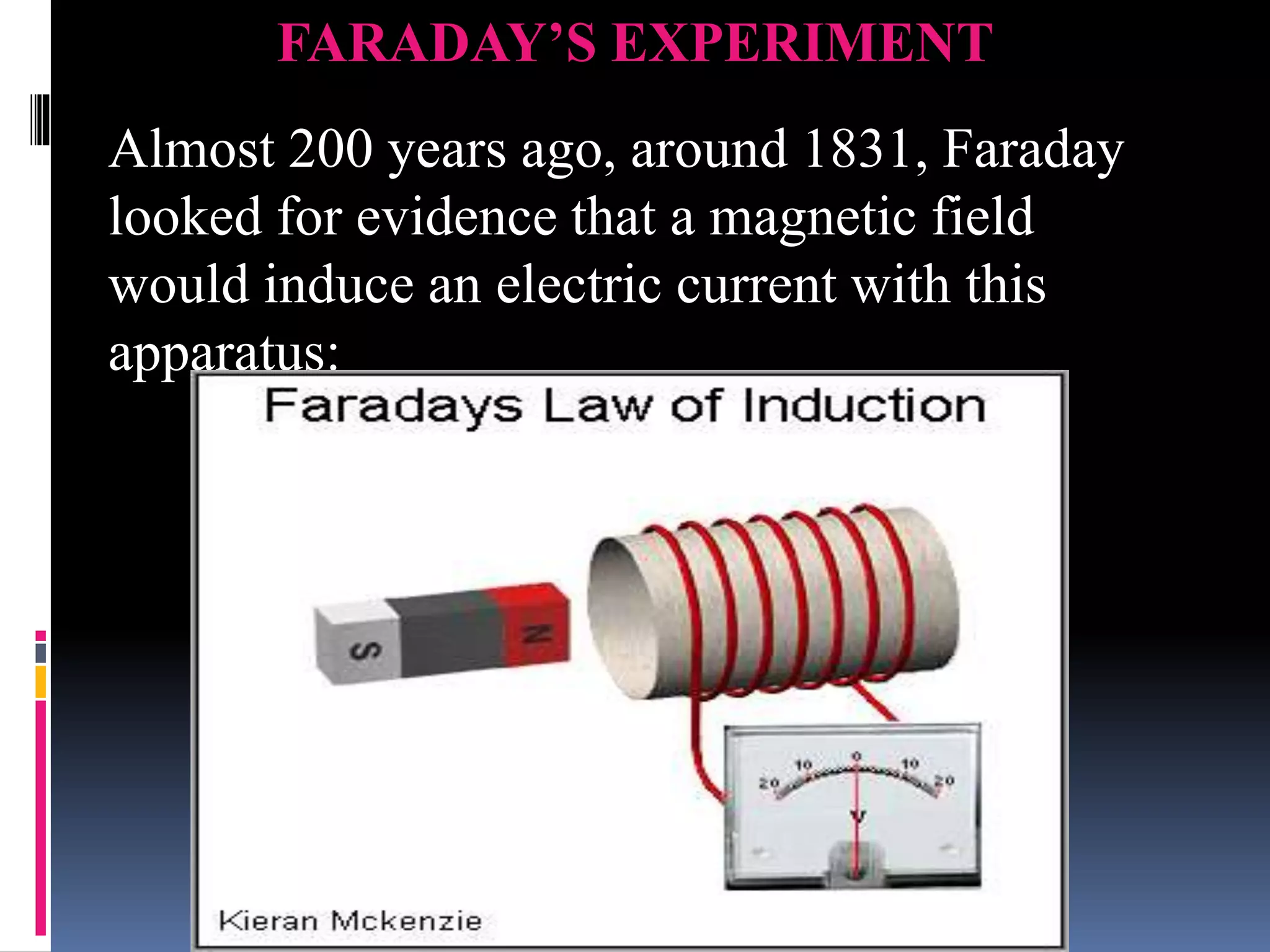 Almost 200 years ago, around 1831, Faraday
looked for evidence that a magnetic field
would induce an electric current with this
apparatus:
FARADAY’S EXPERIMENT
 
