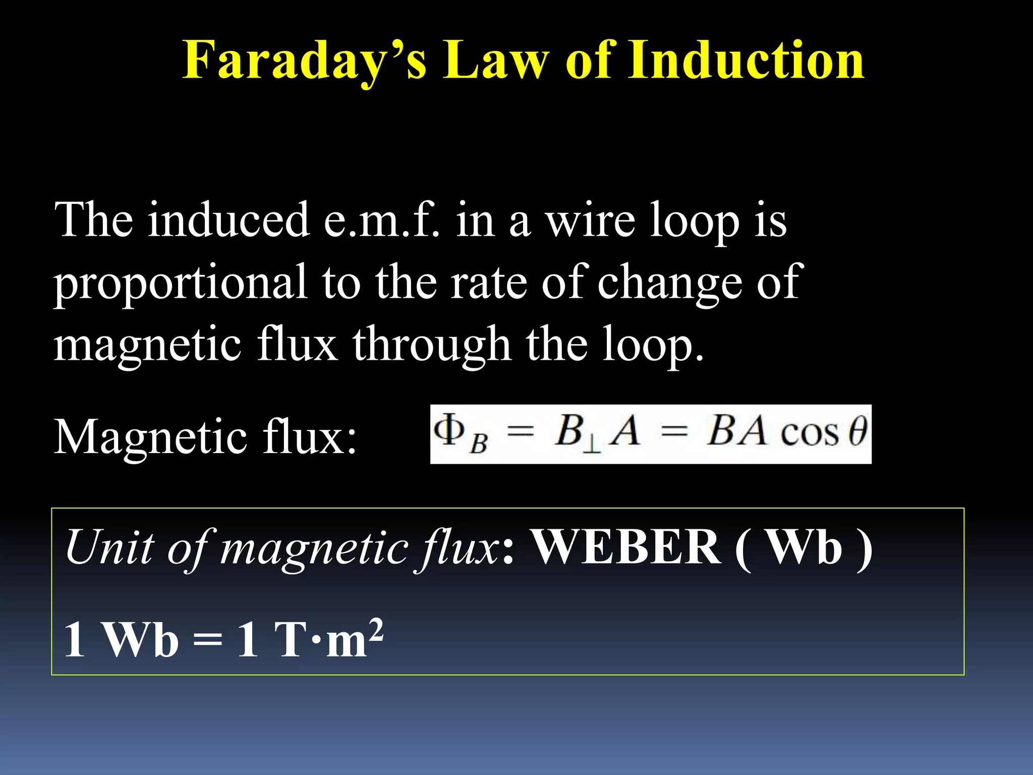 Faraday’s Law of Induction
The induced e.m.f. in a wire loop is
proportional to the rate of change of
magnetic flux through the loop.
Magnetic flux:
Unit of magnetic flux: WEBER ( Wb )
1 Wb = 1 T·m2
 