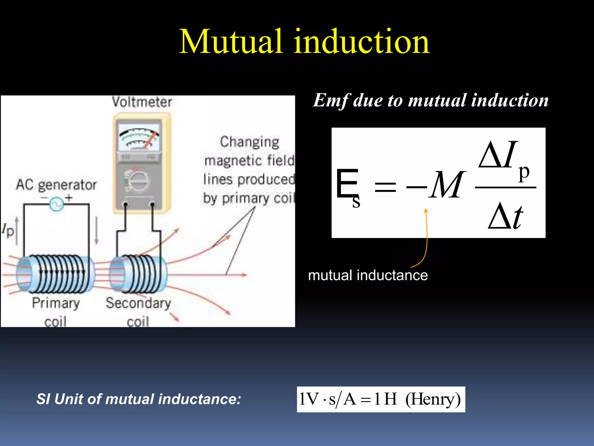t
I
M



p
sE
Emf due to mutual induction
mutual inductance
SI Unit of mutual inductance: (Henry)H1As1V 
Mutual induction
 