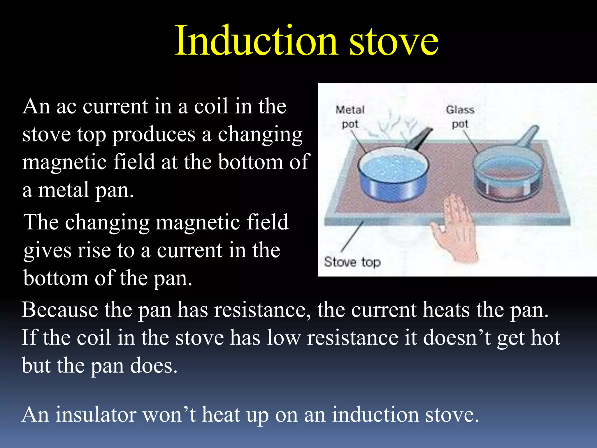 An ac current in a coil in the
stove top produces a changing
magnetic field at the bottom of
a metal pan.
The changing magnetic field
gives rise to a current in the
bottom of the pan.
Because the pan has resistance, the current heats the pan.
If the coil in the stove has low resistance it doesn’t get hot
but the pan does.
An insulator won’t heat up on an induction stove.
Induction stove
 