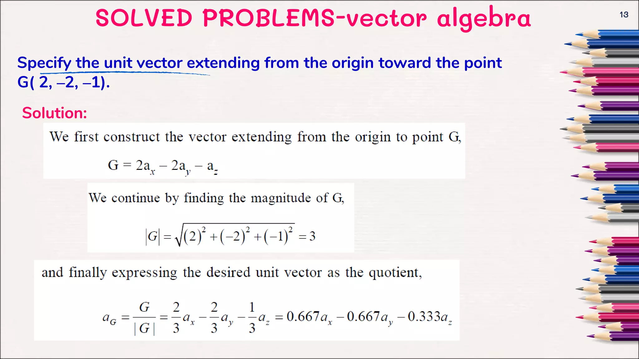 SOLVED PROBLEMS-vector algebra 13
Specify the unit vector extending from the origin toward the point
G( 2, –2, –1).
Solution:
 