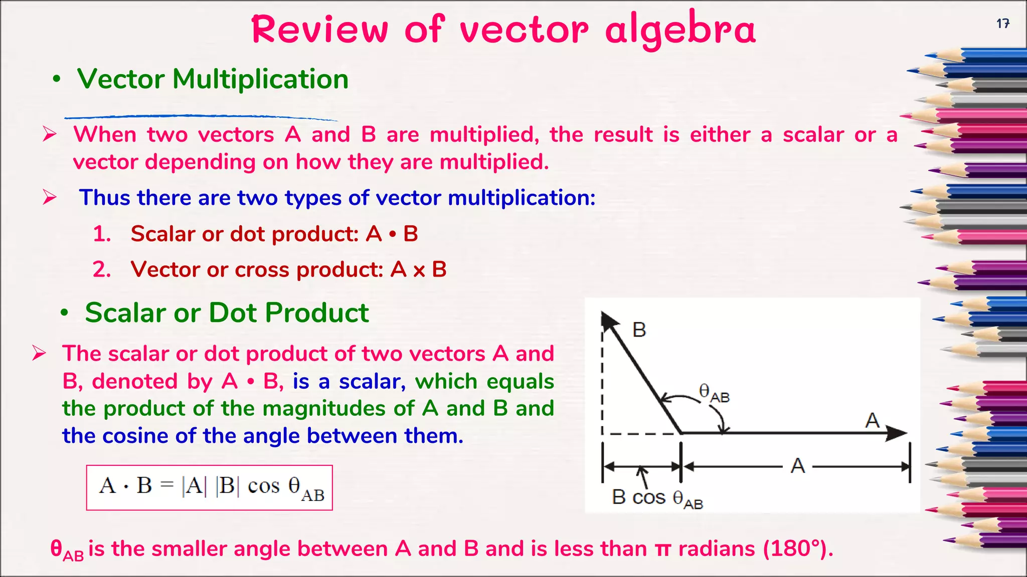 Review of vector algebra 17
• Vector Multiplication
 When two vectors A and B are multiplied, the result is either a scalar or a
vector depending on how they are multiplied.
 Thus there are two types of vector multiplication:
1. Scalar or dot product: A • B
2. Vector or cross product: A x B
• Scalar or Dot Product
 The scalar or dot product of two vectors A and
B, denoted by A • B, is a scalar, which equals
the product of the magnitudes of A and B and
the cosine of the angle between them.
θAB is the smaller angle between A and B and is less than π radians (180°).
 