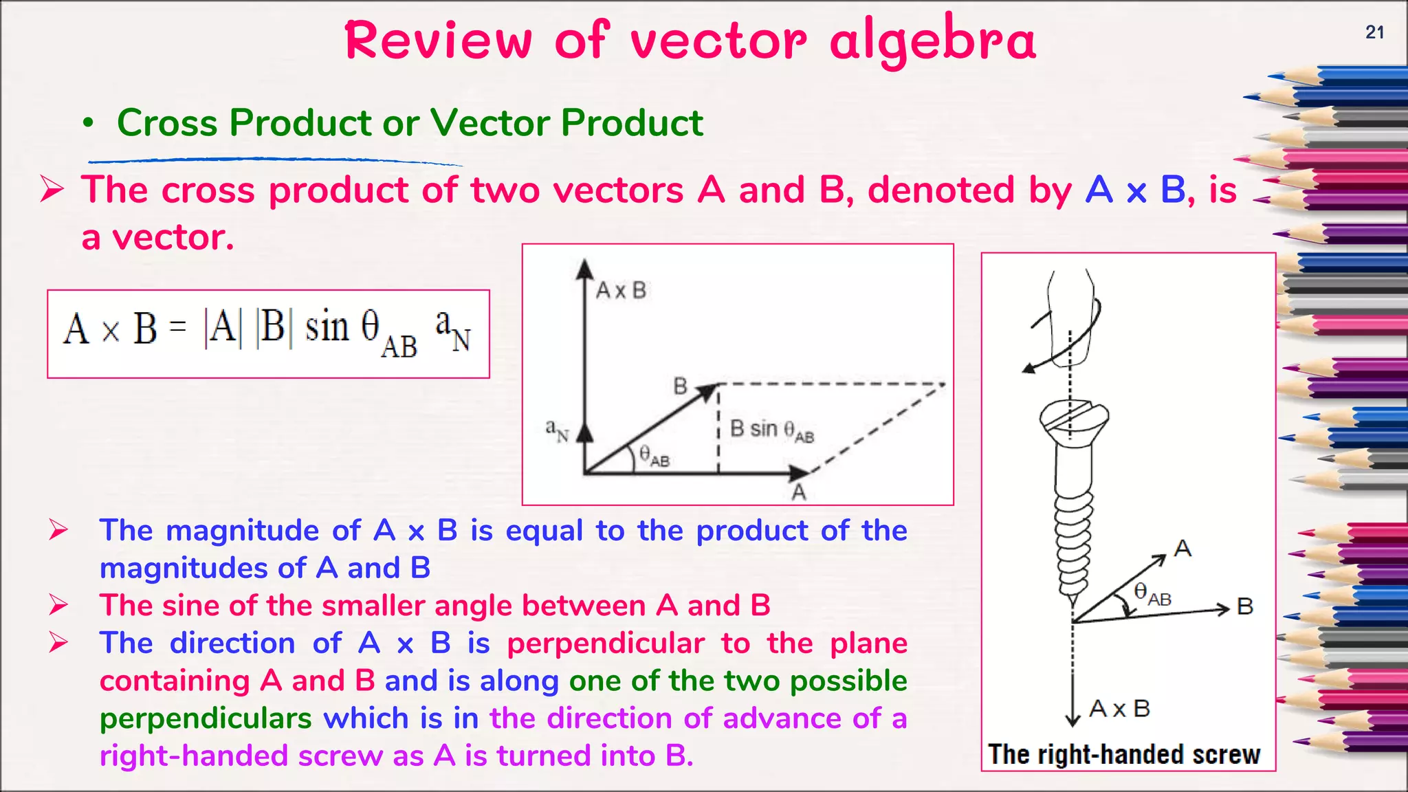 Review of vector algebra 21
 The cross product of two vectors A and B, denoted by A x B, is
a vector.
• Cross Product or Vector Product
 The magnitude of A x B is equal to the product of the
magnitudes of A and B
 The sine of the smaller angle between A and B
 The direction of A x B is perpendicular to the plane
containing A and B and is along one of the two possible
perpendiculars which is in the direction of advance of a
right-handed screw as A is turned into B.
 