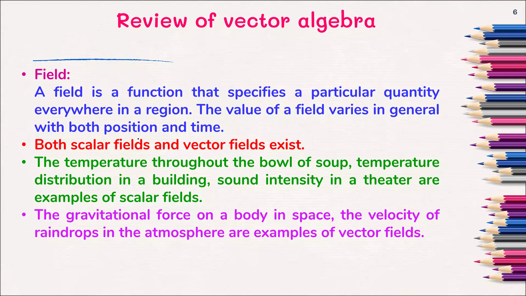 Review of vector algebra
6
.
• Field:
A field is a function that specifies a particular quantity
everywhere in a region. The value of a field varies in general
with both position and time.
• Both scalar fields and vector fields exist.
• The temperature throughout the bowl of soup, temperature
distribution in a building, sound intensity in a theater are
examples of scalar fields.
• The gravitational force on a body in space, the velocity of
raindrops in the atmosphere are examples of vector fields.
 