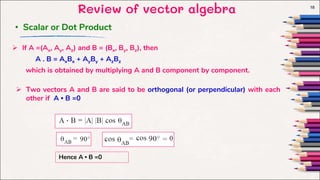 Review of vector algebra 18
 If A =(Ax, Ay, Az) and B = (Bx, By, Bz), then
A . B = AxBx + AyBy + AzBz
which is obtained by multiplying A and B component by component.
• Scalar or Dot Product
 Two vectors A and B are said to be orthogonal (or perpendicular) with each
other if A • B =0
Hence A • B =0
 