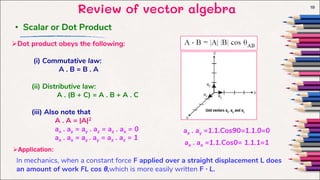 Review of vector algebra 19
Dot product obeys the following:
(i) Commutative law:
A . B = B . A
(ii) Distributive law:
A . (B + C) = A . B + A . C
(iii) Also note that
A . A = |A|2
ax . ay = ay . az = az . ax = 0
ax . ax = ay . ay = az . az = 1
• Scalar or Dot Product
Application:
ax . ay =1.1.Cos90=1.1.0=0
ax . ax =1.1.Cos0= 1.1.1=1
In mechanics, when a constant force F applied over a straight displacement L does
an amount of work FL cos θ,which is more easily written F · L.
 